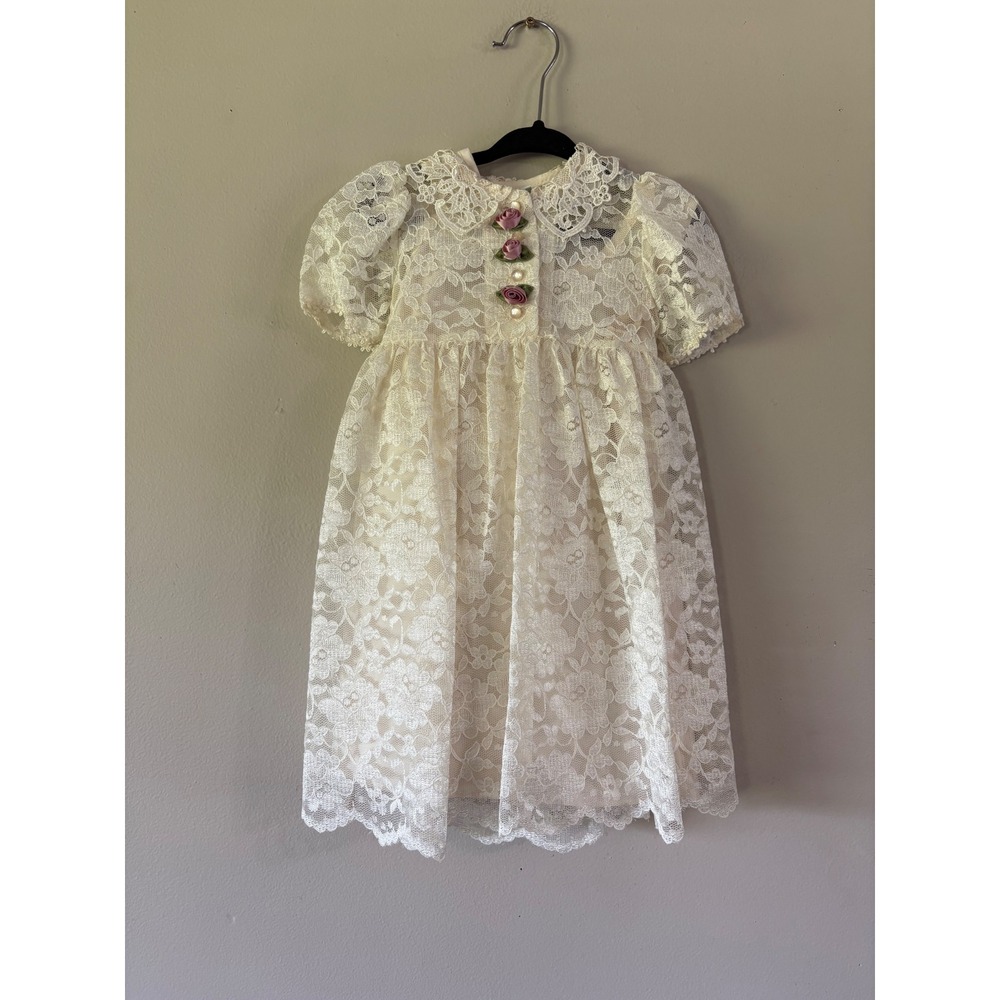Peaches n Cream Vintage Lace Dress Cream Ivory Pink Rosettes 2T Made in USA